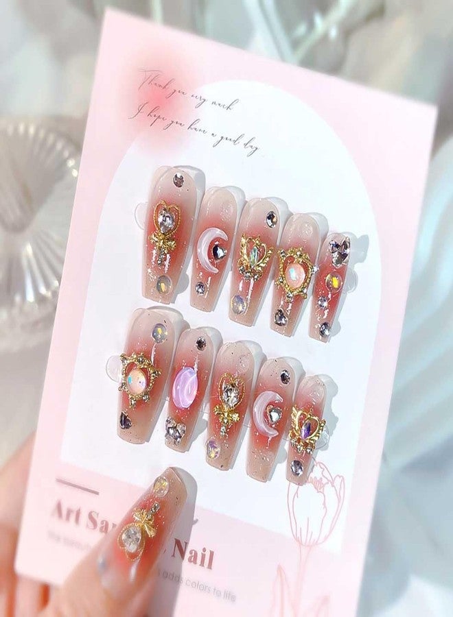 RikView Long Press on Nails Pink Fake Nails with 3D Design Coffin Nails Glossy Full Cover Nails for Women 24 PCs/Set - Image 2